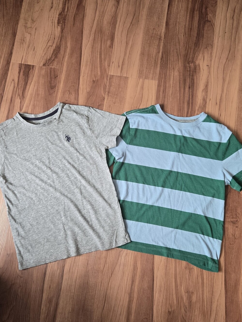 Gray Logo Tee & Green/Light Blue Striped Tee set of 2 crew neck tee 8 M VGUC
